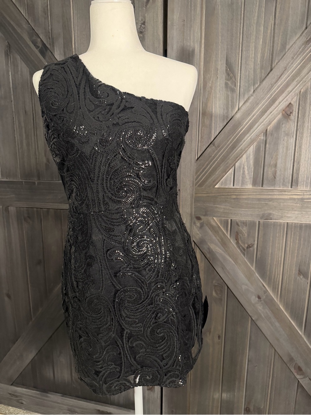 Lulu's Black One-Shoulder Sequin Lace Cocktail Dress